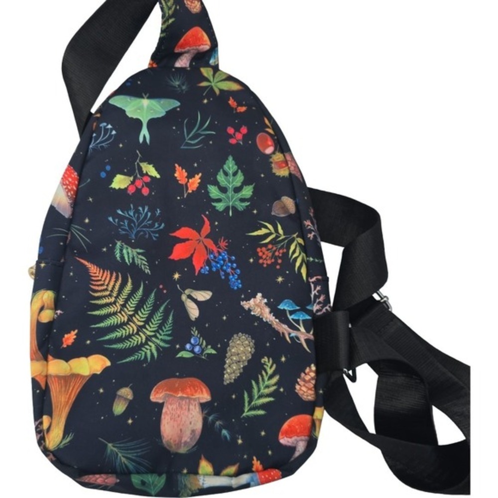 Mushroom Print Crossbody Bag Jingpin‎ Nylon Black Adjustable Strap Zipper - Picture 3 of 8